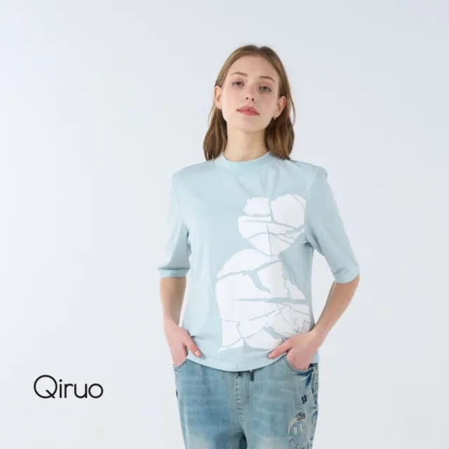 【Qiruo 奇若名品】輕薄棉質 五分袖 白色印花淺藍色上衣7083A