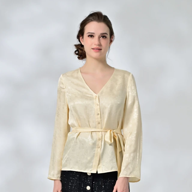 御絹坊 法式圓舞曲獨特花紋V領100%蠶絲綁帶上衣評價推薦