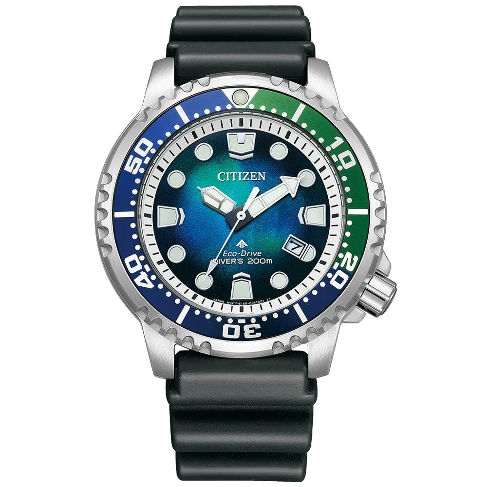【CITIZEN 星辰】千彩之海限量光動能潛水男錶 藍綠 44mm(BN0166-01L)