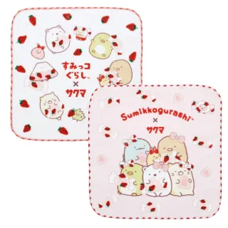 【小禮堂】San-X 角落生物 純棉方巾 25x25cm 草莓款(平輸品)