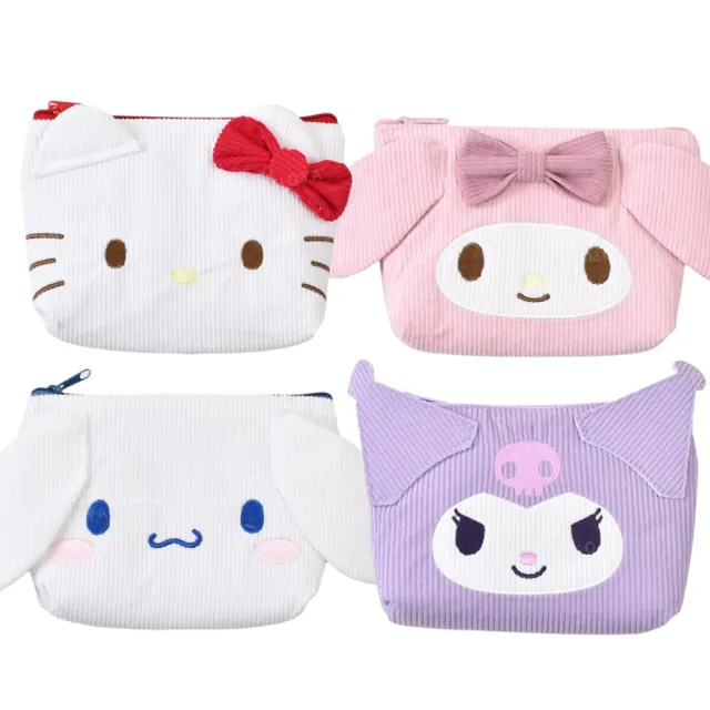 【小禮堂】Sanrio 三麗鷗 燈芯絨造型化妝包 大臉款 Kitty 美樂蒂 大耳狗 酷洛米(平輸品)