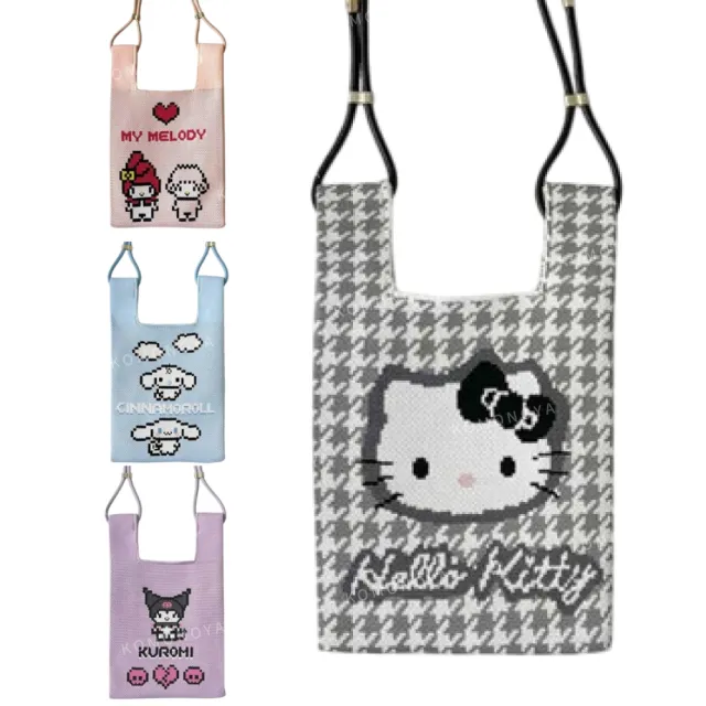 【小禮堂】Sanrio 三麗鷗 x ROOTOTE 針織斜背袋 像素款 Kitty 大耳狗 庫洛米(平輸品)