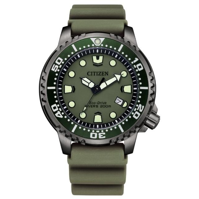 【CITIZEN 星辰】PROMASTER 率性軍綠潛水200光動能橡膠腕錶  禮物  手錶(BN0157-11X)