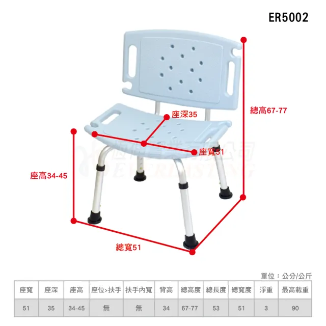 【恆伸醫療器材】ER-5002 靠背 可拆式 洗澡椅 沐浴椅 防滑設計 衛浴設備 老人孕婦淋浴(腳管可調高度)