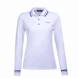 【PING】女款方格緹花吸濕排汗抗UV薄長袖POLO衫-白(GOLF/高爾夫球衫/RA23206-87)
