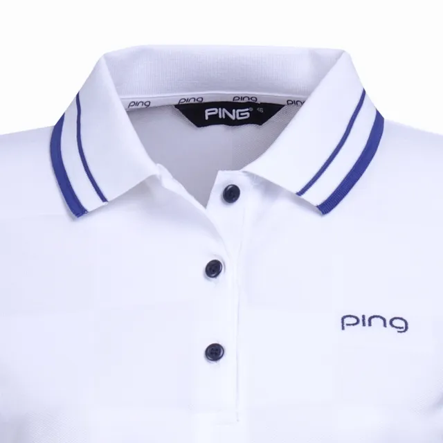 【PING】女款方格緹花吸濕排汗抗UV薄長袖POLO衫-白(GOLF/高爾夫球衫/RA23206-87)