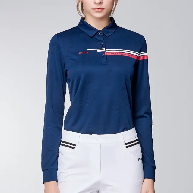 【PING】女款LOGO緹花吸濕排汗薄長袖POLO衫-深藍(GOLF/高爾夫球衫/RA23202-58)