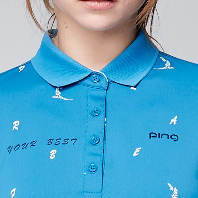 【PING】女款麥穗印花吸濕排汗薄長袖POLO衫-藍綠(GOLF/高爾夫球衫/RA23207-56)