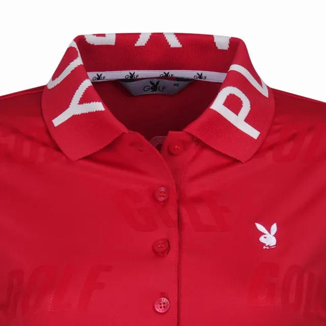 【PLAYBOY GOLF】女款LOGO領片緹花抗菌薄長袖POLO衫-紅(高爾夫球衫/KA23208-18)
