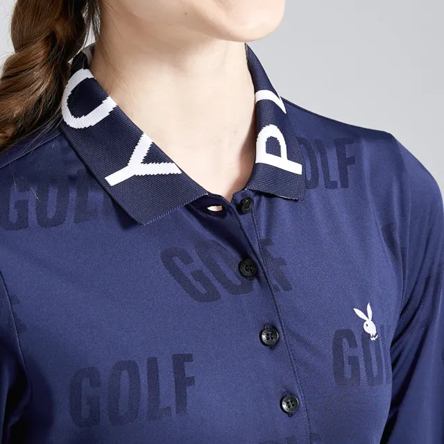 【PLAYBOY GOLF】女款LOGO領片緹花抗菌薄長袖POLO衫-深藍(高爾夫球衫/KA23208-58)
