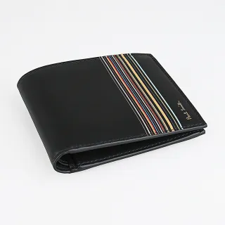 【Paul Smith】Paul Smith 金字燙印LOGO彩色條紋設計小牛皮短夾(黑)