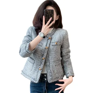 【CHACO】/預購/女春秋 灰藍色質感粗花呢流蘇滾邊小香長袖外套#6315(粗花呢 外套 小香 名媛 女 婚宴)