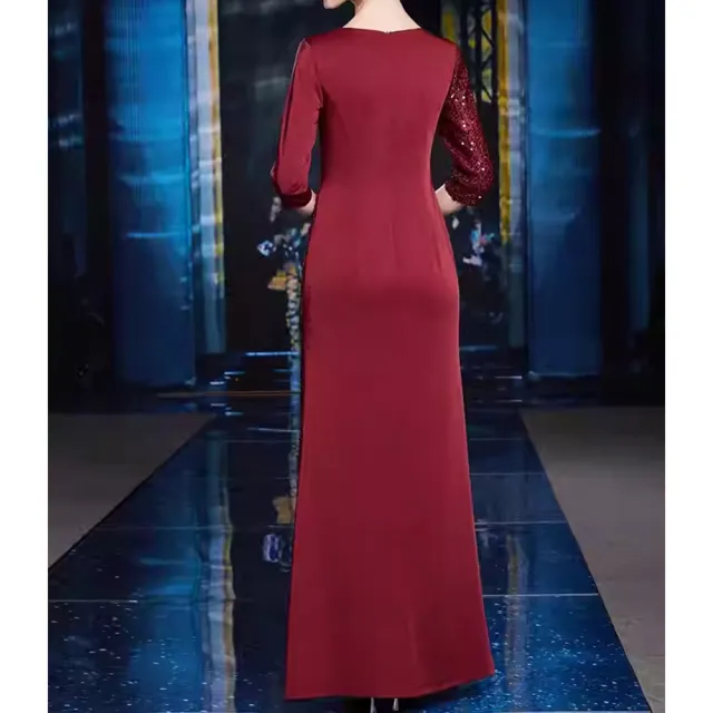 【女神婚紗禮服】閃耀亮片拼接高腰七分袖V領媽媽宴會長裙禮服GL3609酒紅色(熟齡媽媽宴客長裙 拉鍊款)