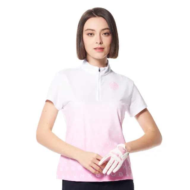 【Lynx Golf】女款吸溼排汗機能漸層色系盾牌造型印花下擺開叉短袖立領POLO衫/高爾夫球衫(白/粉色)