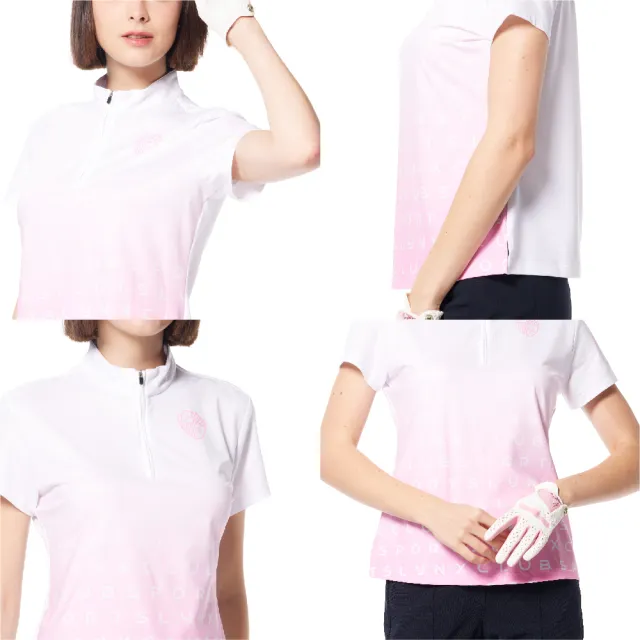 【Lynx Golf】女款吸溼排汗機能漸層色系盾牌造型印花下擺開叉短袖立領POLO衫/高爾夫球衫(白/粉色)