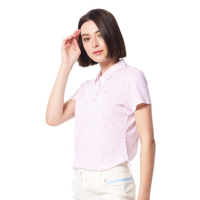 【Lynx Golf】女款吸溼排汗機能滿版花磚排列印花造型Lynx繡花短袖POLO衫/高爾夫球衫(桃粉色)
