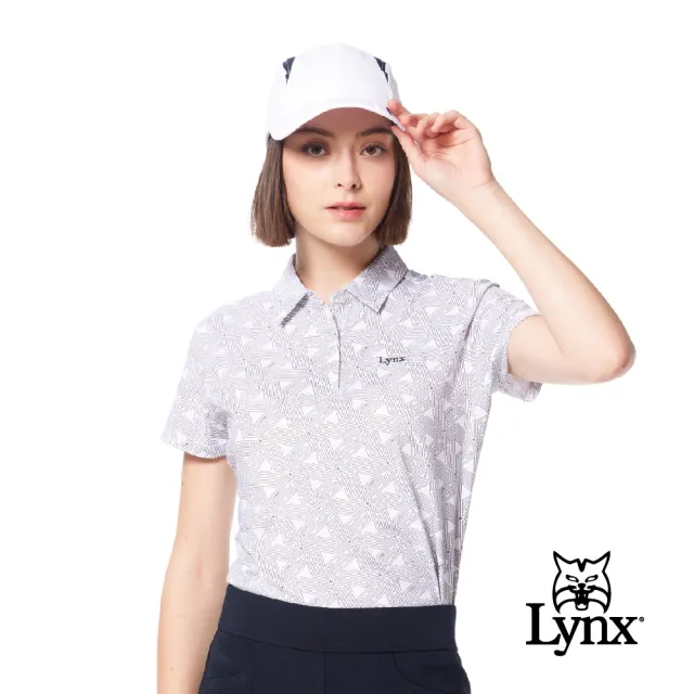 【Lynx Golf】女款吸汗速乾三角線條幾何印花Lynx字樣繡花造型短袖POLO衫/高爾夫球衫(白/黑色)