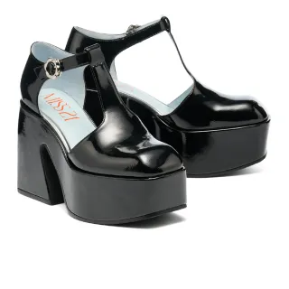 【MISS 21】吃花少女花朵T字帶光感方頭瑪莉珍高跟厚底鞋(黑)