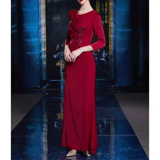 【女神婚紗禮服】高貴洋氣單肩抓皺長袖圓領媽媽宴會墜地長裙禮服GL32113#紅色(熟齡媽媽宴客長裙 拉鍊款)