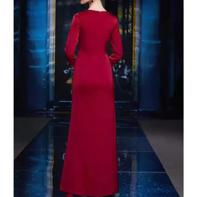 【女神婚紗禮服】高貴洋氣單肩抓皺長袖圓領媽媽宴會墜地長裙禮服GL32113#紅色(熟齡媽媽宴客長裙 拉鍊款)