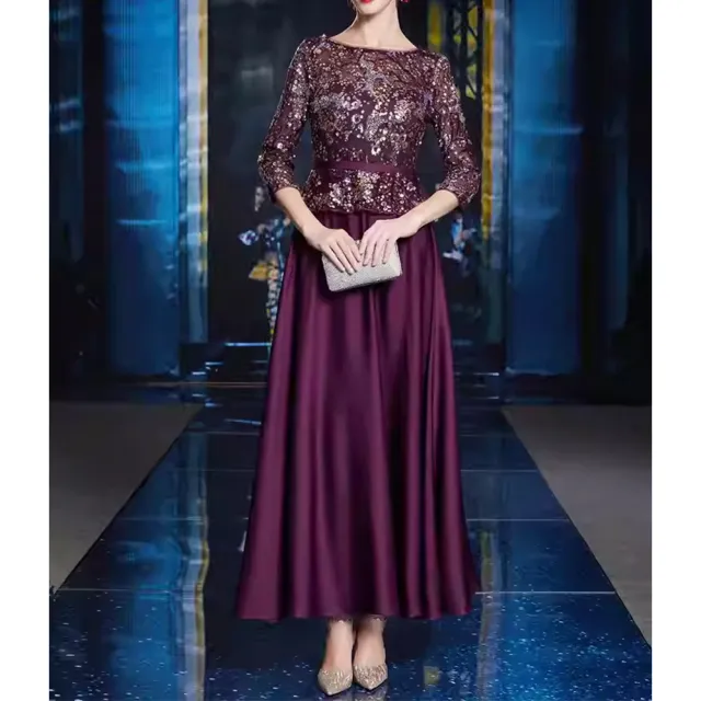 【女神婚紗禮服】高貴優雅亮片七分袖船領媽媽宴會長裙禮服洋裝GL3564紫色(熟齡媽媽聚會長裙 拉鍊款)