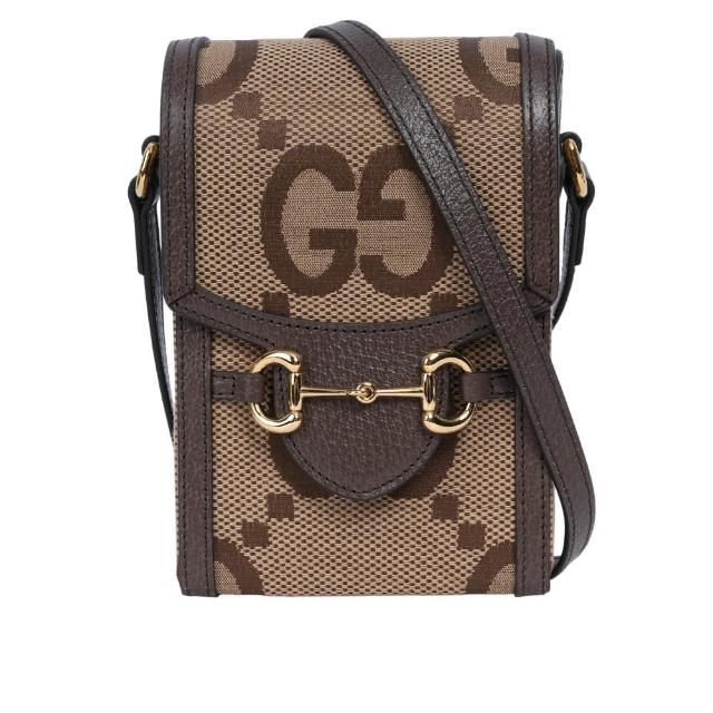 【GUCCI 古馳】Horsebit 1955 Jumbo GG 標誌緹花手機斜背包(棕色)