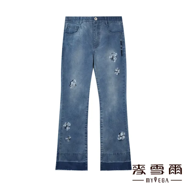 【MYVEGA 麥雪爾】高含棉花朵刺繡九分喇叭丹寧牛仔褲-藍