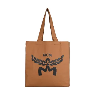 【MCM】MCM 簡約燙印黑字LOGO Lauretos圖案設計帆肩背托特包(白蘭地褐)