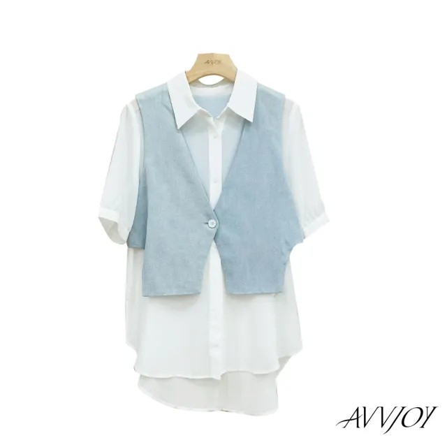 【AVVJOY 艾薇卓爾】拼接牛仔假兩件短袖襯衫(襯 上衣 拼接 牛仔 短袖 襯衫女 假兩件 短袖襯衫 CLA0477TP)