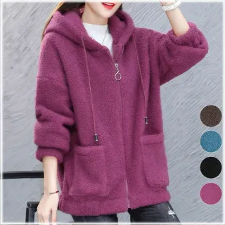 【Shiny 藍格子】純色羊羔毛寬鬆連帽外套 V3482 現+預(女裝)