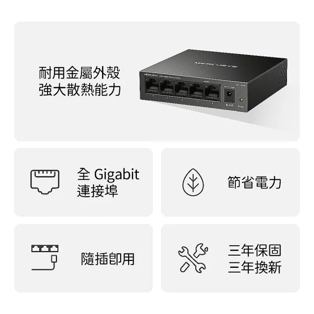 【Mercusys 水星】5埠 port 10/100/1000Mbps 桌上型 乙太網路交換器 金屬殼 隨插即用 switch hub(MS105GS)