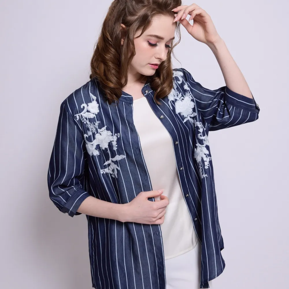 【SuperWands】時尚刺繡丹寧長版襯衫外套