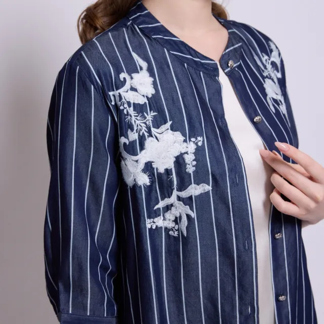 【SuperWands】時尚刺繡丹寧長版襯衫外套