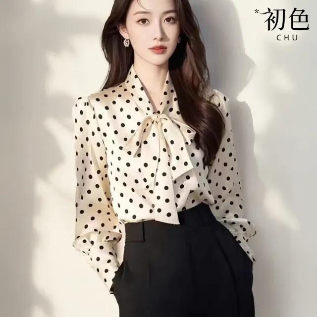 【初色】法式蝴蝶結飄帶波點V領長袖上衣女上衣-波點-10255(M-XL可選)