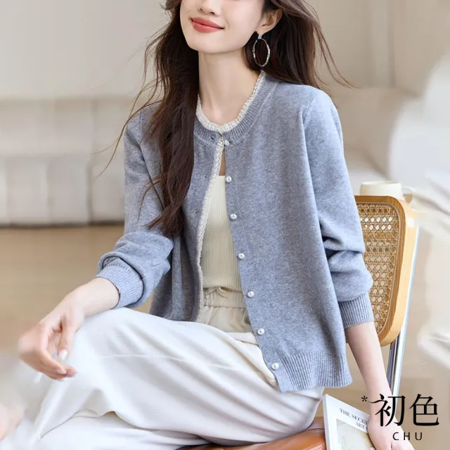 【初色】小香風蕾絲圓領長袖針織開衫休閒外套女外套-共2色-10322(F可選)（其他規格）