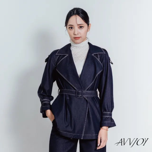 【AVVJOY 艾薇卓爾】絲光藍短版風衣(上衣 外套 大衣 牛仔 風衣 韓版風 牛仔外套 長款風衣 CLA0305OW)