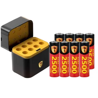 【KOTSURU】8馬赫 3號/AA 恆壓可充式1.5V鋰電池全新特大能量2500mWh4入+3號8槽 AI隨身收納盒充電器