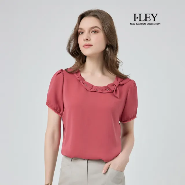 【ILEY 伊蕾】立體蝴蝶結造型雪紡上衣(淺紅；M-2L；1252181102)