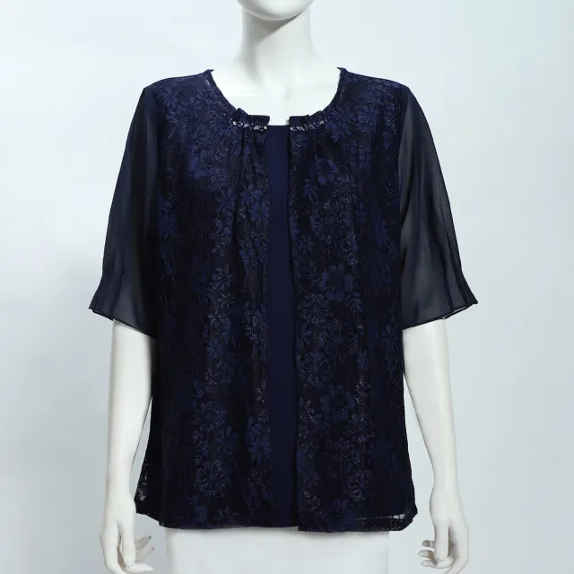 【ILEY 伊蕾】蕾絲拼接假兩件式長版上衣(深藍；L-3L；1251181706)