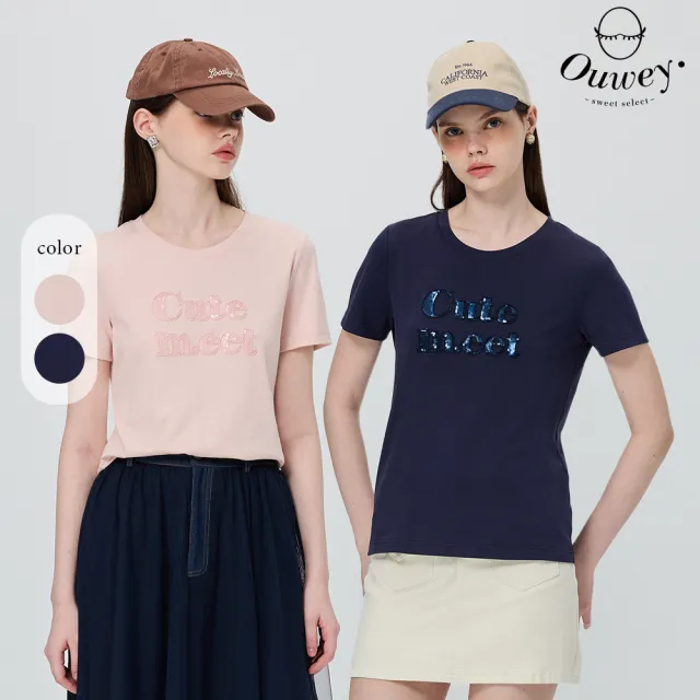 【OUWEY 歐薇】微霧亮片立體文字繡純棉上衣(兩色;S-L;3252391203)
