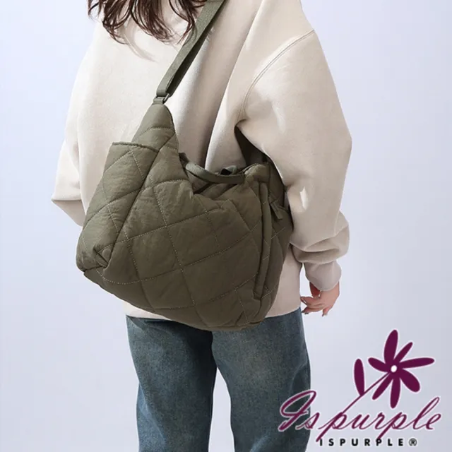 【iSPurple】雙11 韓版時尚 純色簡約托特包大容量菱格紋休閒斜挎女包(卡其色)