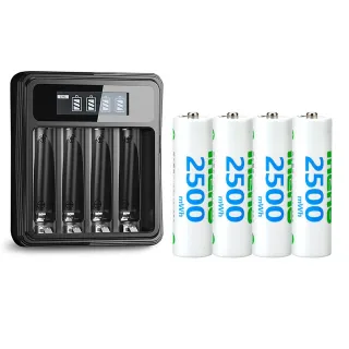 【iNeno】3號/AA 恆壓可充式1.5V鋰電池全新特大能量2500mWh4入+3號/4號通用 液晶鋰充電器