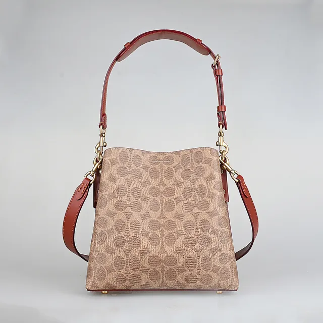 【COACH】COACH WILLOW字母璇扣LOGO滿版印花設計塗層帆布搭牛皮釦式肩背斜背水桶包(卡其x棕紅)