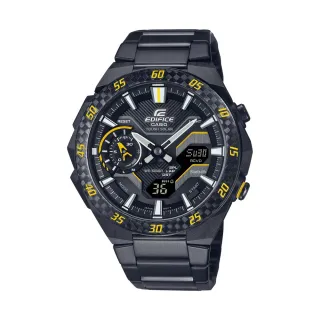 【CASIO 卡西歐】EDIFICE 藍牙 太陽能電力 黑x黃 俐落輕巧 碳纖維錶圈 獨特車翼氣流計設(ECB-2200RC-1A9)