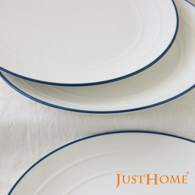 【Just Home】簡約純白藍邊陶瓷10吋餐盤(可微波 碗盤 餐盤 早午餐盤 蛋糕盤 盤子 主餐盤)