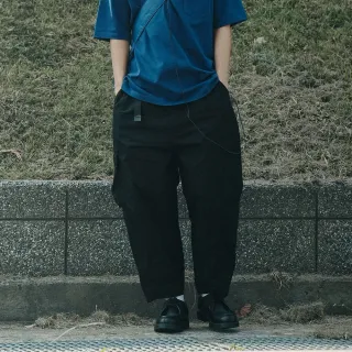 【plain-me】男女款 水洗棉質腰帶繭型寬褲 PLN3516(灰綠 黑 杏灰 工裝褲 休閒長褲)