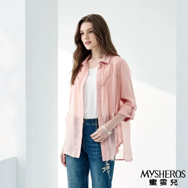 【MYSHEROS 蜜雪兒】純麻長版襯衫上衣 翻領排釦側開岔 可翻式袖口(二色任選)