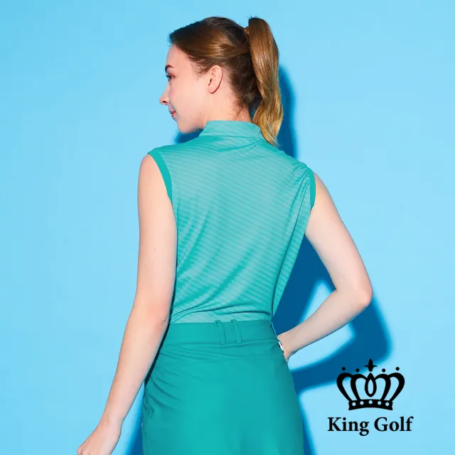 【KING GOLF】速達-網路獨賣款-女款線條撞色燙鑽小立領拉鍊背心POLO衫/高爾夫球衫(綠色)