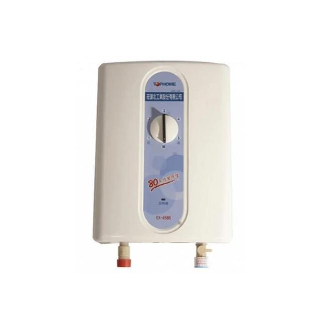 TOPHOME 莊頭北工業 EX-4588 電熱水器，採用電能式設計與機械控溫功能，透過電熱管加熱提供穩定熱水輸出。尺寸僅240x335x135mm，輕巧適合各種空間安裝，電壓220V，保固1年。無論沐浴或洗滌，都能滿足日常熱水需求，是家用電熱水器的理想選擇，高效省電且安全可靠。