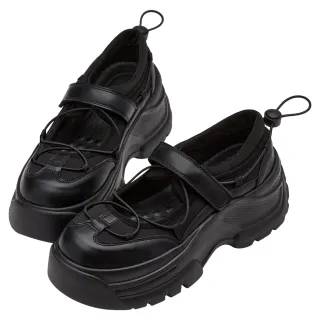 【Grace Gift】個性少女繫繩輕量厚底瑪莉珍運動鞋(黑)